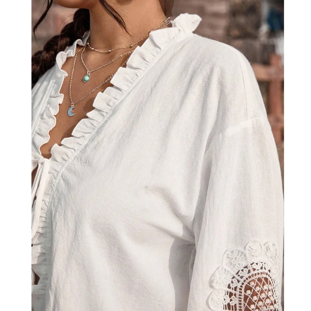 Plus White Floral Lace Insert Ruffle Detail Front Tie Top